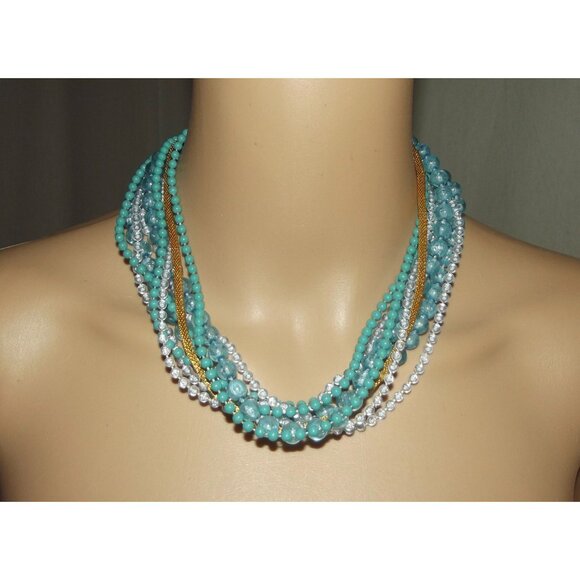 Vintage Necklace Multi Strand Blue Plastic Gold Tone Chain Flower 18"round beads - Picture 1 of 8